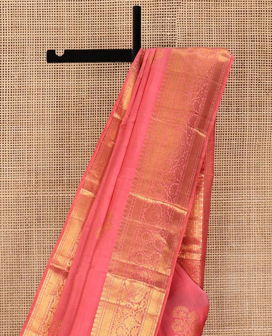 Pink Kanchipuram Silk Saree, Elevated with Zari Buttas All Over Its Body, Highlighted by a Zari Border of Traditional Designs, Pallu of Jaal Designs, and Paried with a Matching Blouse