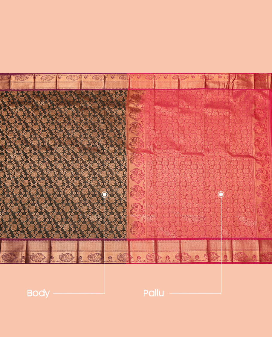 Brown Budget Silk Saree, Detailed with Jacquard, Complemented by a Contrast Traditional Zari Border, Grand Pallu, and a Contrast Blouse
