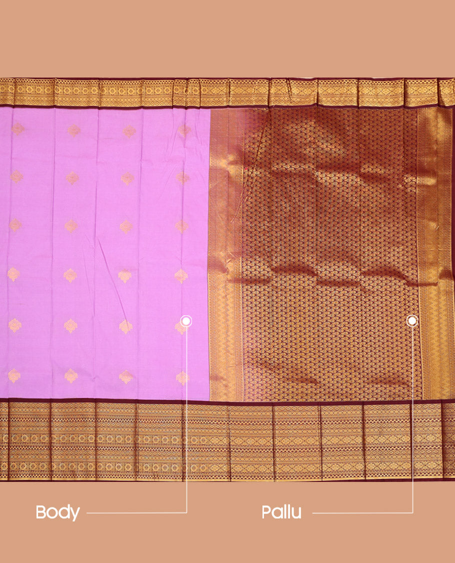 Lavender Budget Silk Saree, Beautified with Zari Buttas on Its Body, Complemented by a Contrast Traditional Zari Design Border, Intricately Designed Pallu, and Paired with a Contrast Blouse