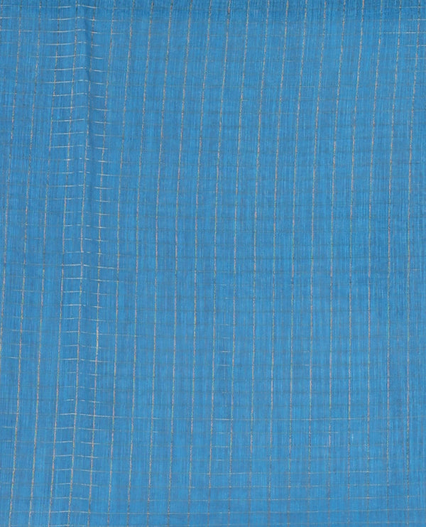 White with blue zari checks linen saree with contrast border and unique designs of pallu along with contrast plain blouse