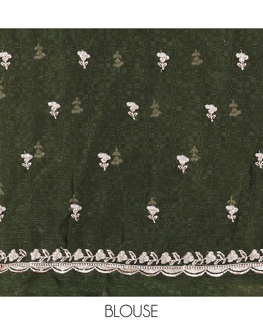 Bottle green floral motifs embroidery half saree with contrast with floral vine embroidery border , embridery blouse & floral embroidery scallop border dhavani