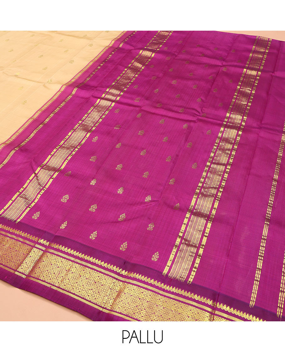 Sandal Kanchipuram Silk Saree, Accentuated with Zari Buttas on Its Body, Complemented by a Contrast One-Sided korvai Border of Thilakam Mokku, Banaras, and Jaal Designs, Pallu Depicts Zari Designs, and Comes Without a Blouse