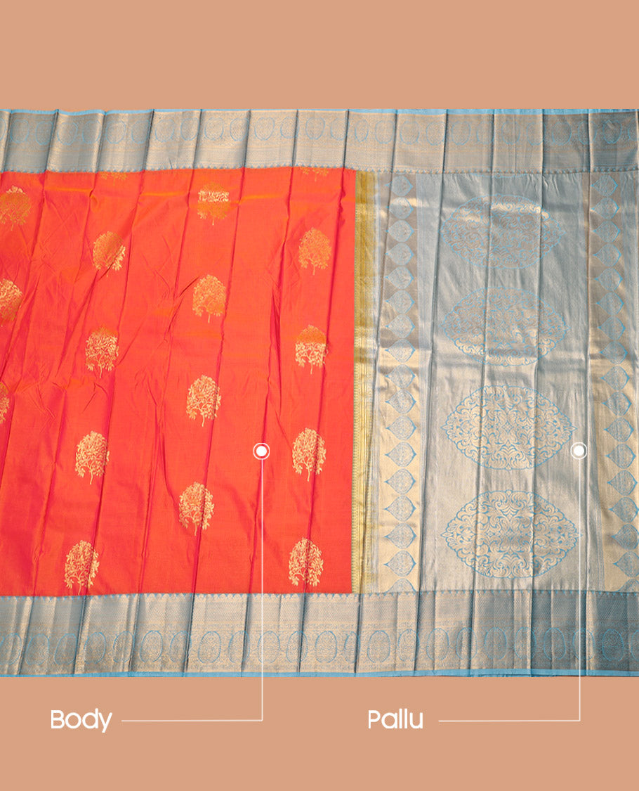 Orange Budget Silk Saree, Delicately Woven with Tree Buttas, Complemented by a Contrast Traditional Zari Border, Intricate Pallu, and a Contrast Blouse