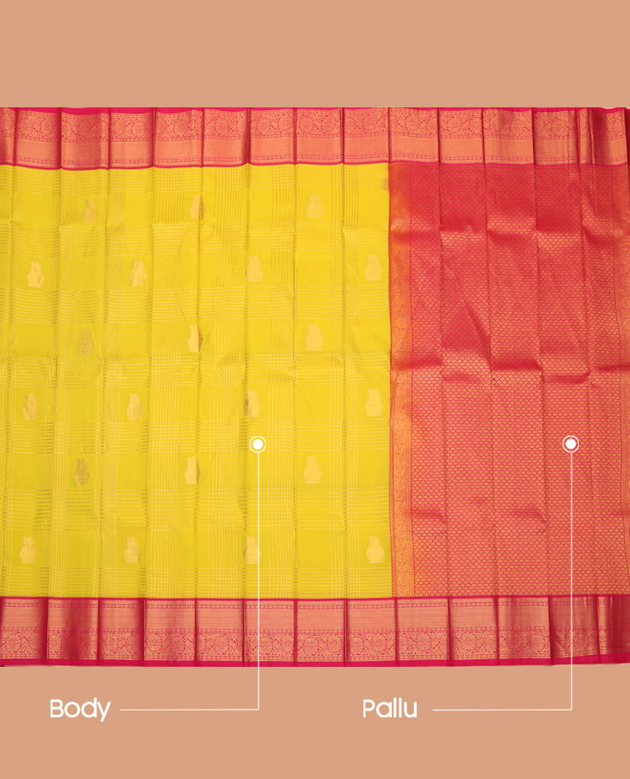Yellow Budget Silk Saree, Subtly Woven with Zari Butta Enclosed Checks On Its Body, Complemented by Contrast Traditional Zari Designs Woven Border, Grand Pallu and Paired with a Contrast Blouse