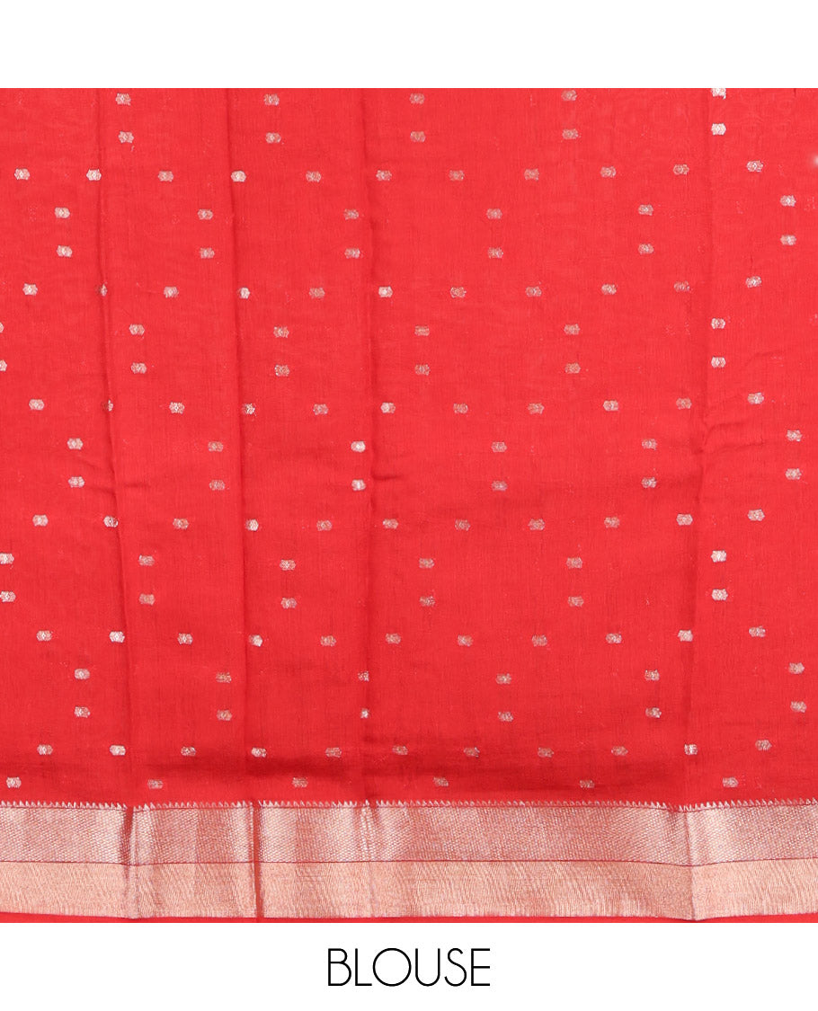 Orange Assam Silk Saree, Embellished with Zari Buttas, Complemented by Contrast Traditional Zari Border, Zari Woven Pallu, and Contrast Blouse