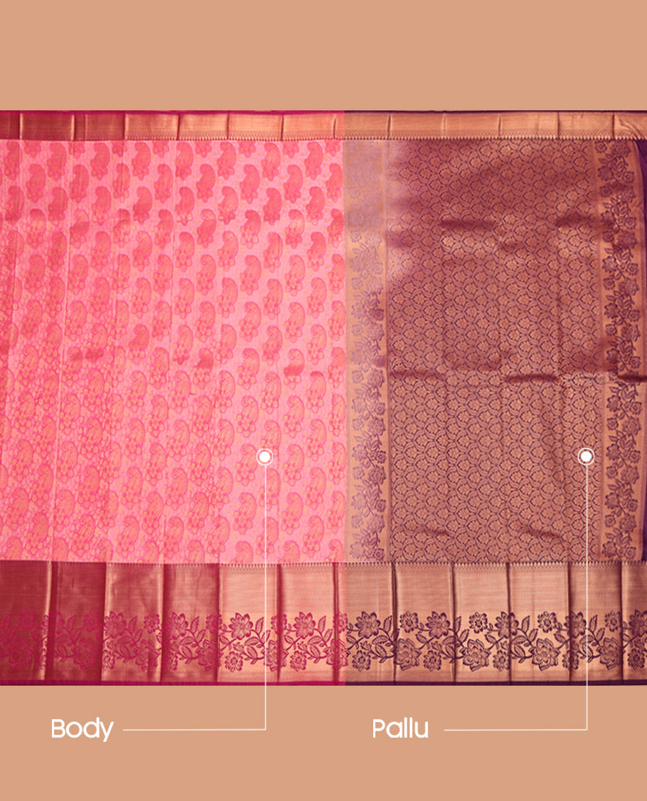 Pink Budget Silk Saree, Decorated with Paisley Jacquard Design, Complemented by Contrast Traditional Floral Creeper Border, Grand Pallu and a Contrast Blouse