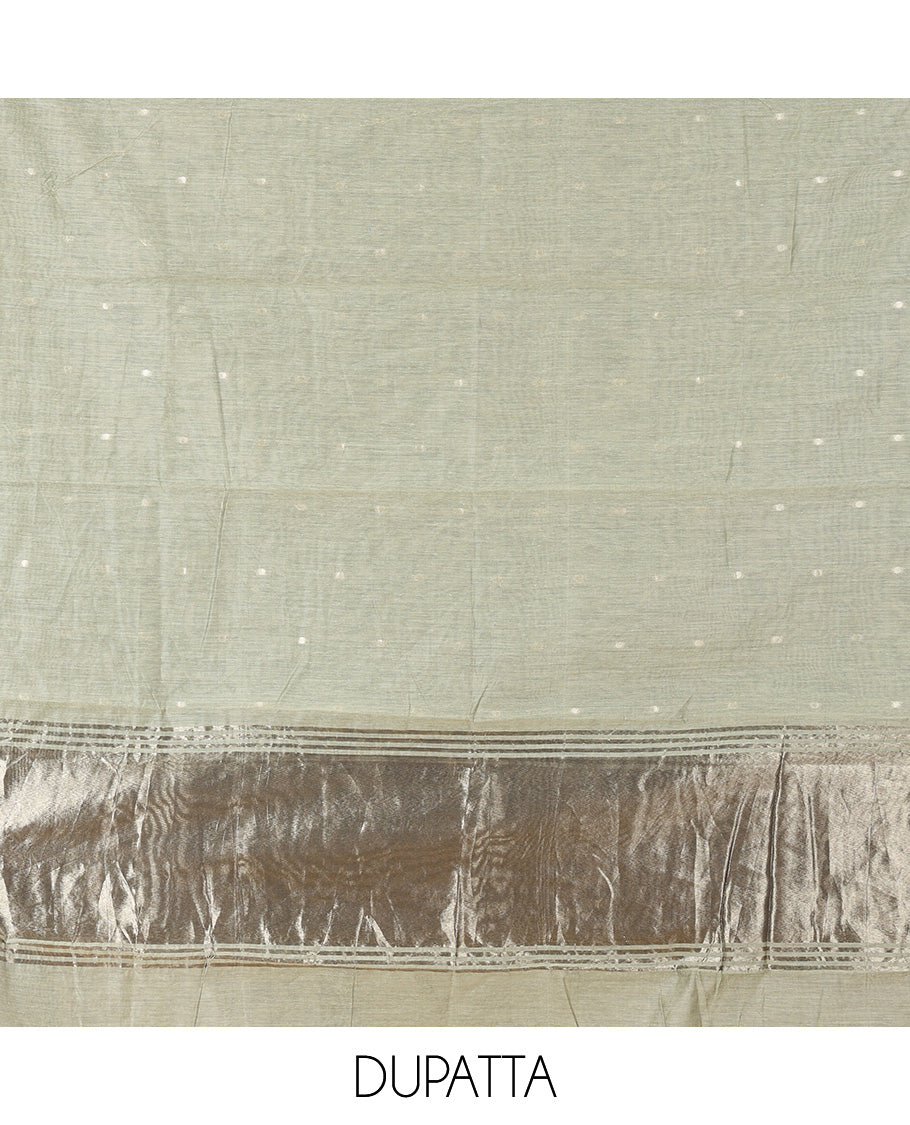 Pista Green Banarasi Chanderi Material Churidar Subtly Sparkled with Buttas Top, a Plain Bottom, and a Matching Dupatta