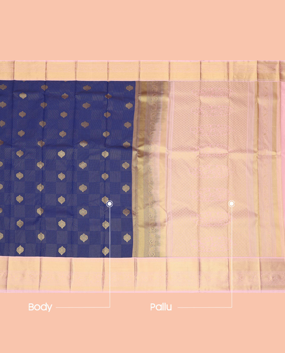Blue Budget Silk Saree, Embellished with Zari Buttas, Complemented by a Contrast Traditional Zari Border, Grand Pallu, and a Contrast Blouse