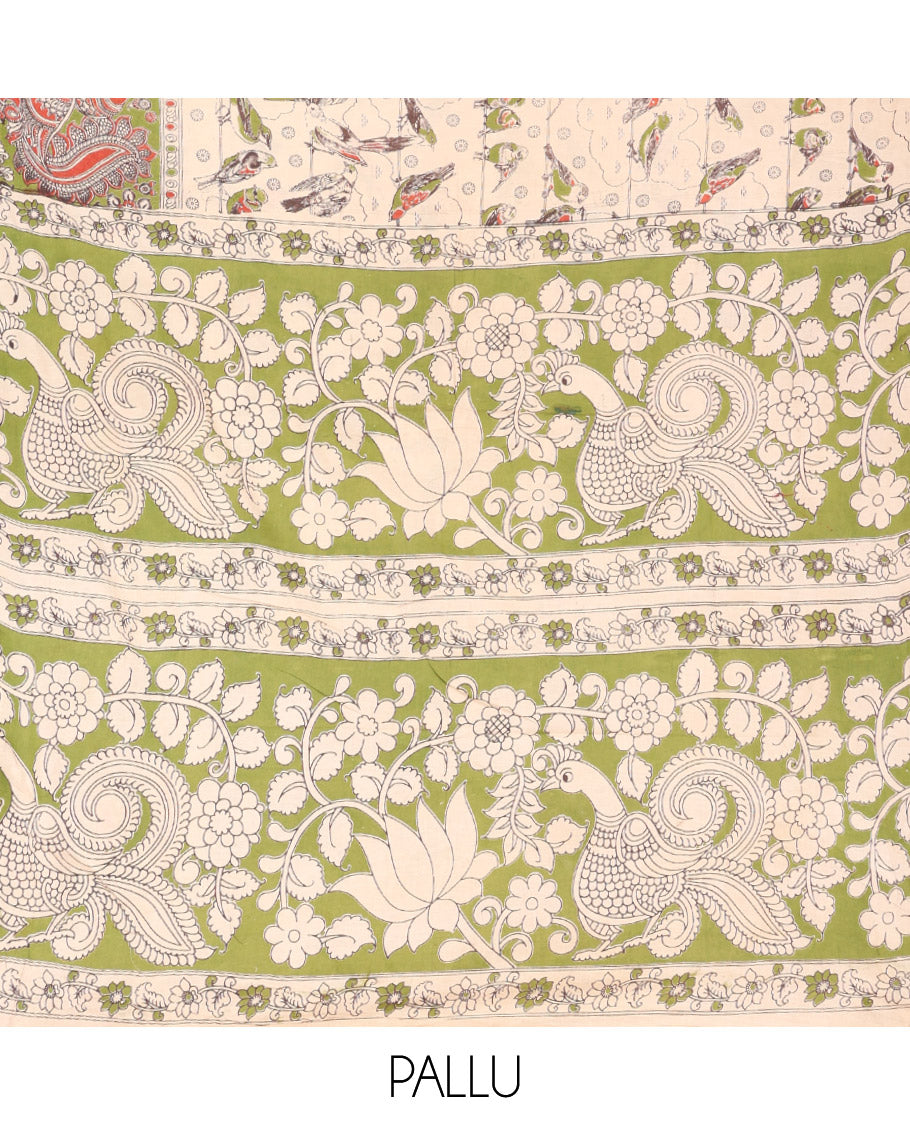 Sandal Kalamkari Cotton Saree, Finely Crafted with Bird Motifs Print, Contrast Peacock Border, Pallu of Peacock Print, and a Matching Blouse