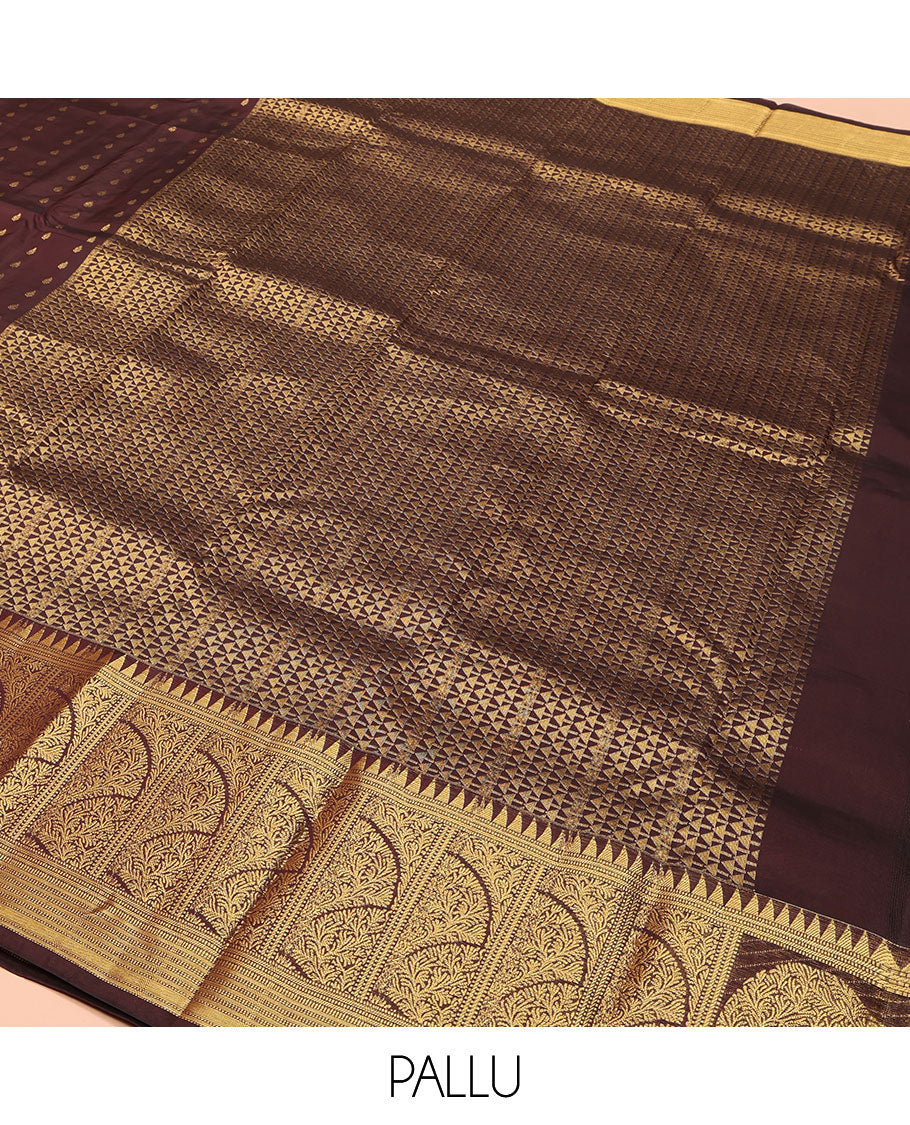 Brown Vasundhara Lite Silk Mix Saree, Adorned with Zari Buttas on Its Body, Highlighted by a Zari Border of Temple Traditional Zari Designs, Pallu Steeped with Arrow Motifs, and Paired with a Matching Blouse