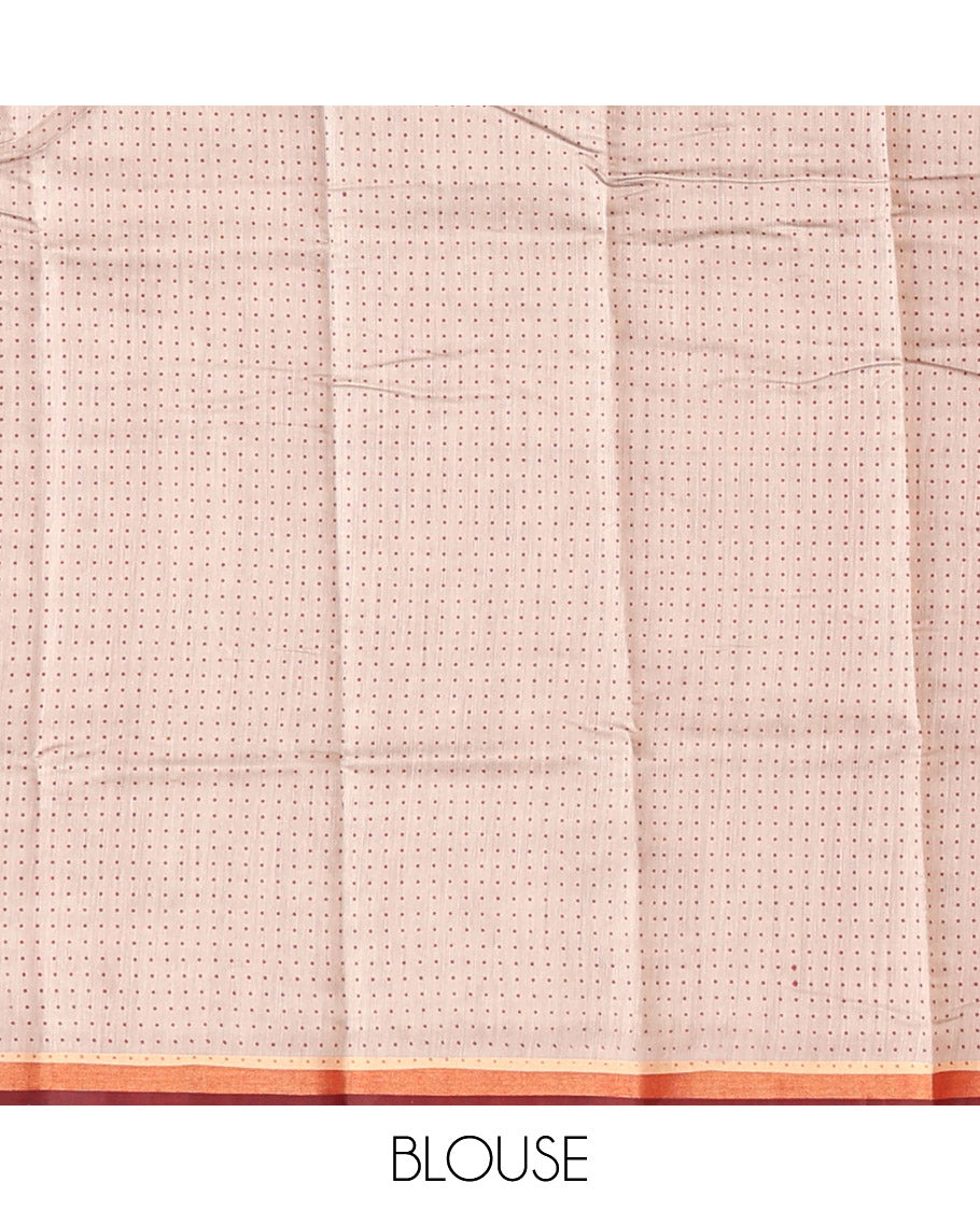 Red Kanchi Cotton Saree, Featuring Floral and Triangle Print All Over Its Body, a Subtle Border, Pallu of Floral Vine and Triangle Print, and Paired with a Contrast Blouse