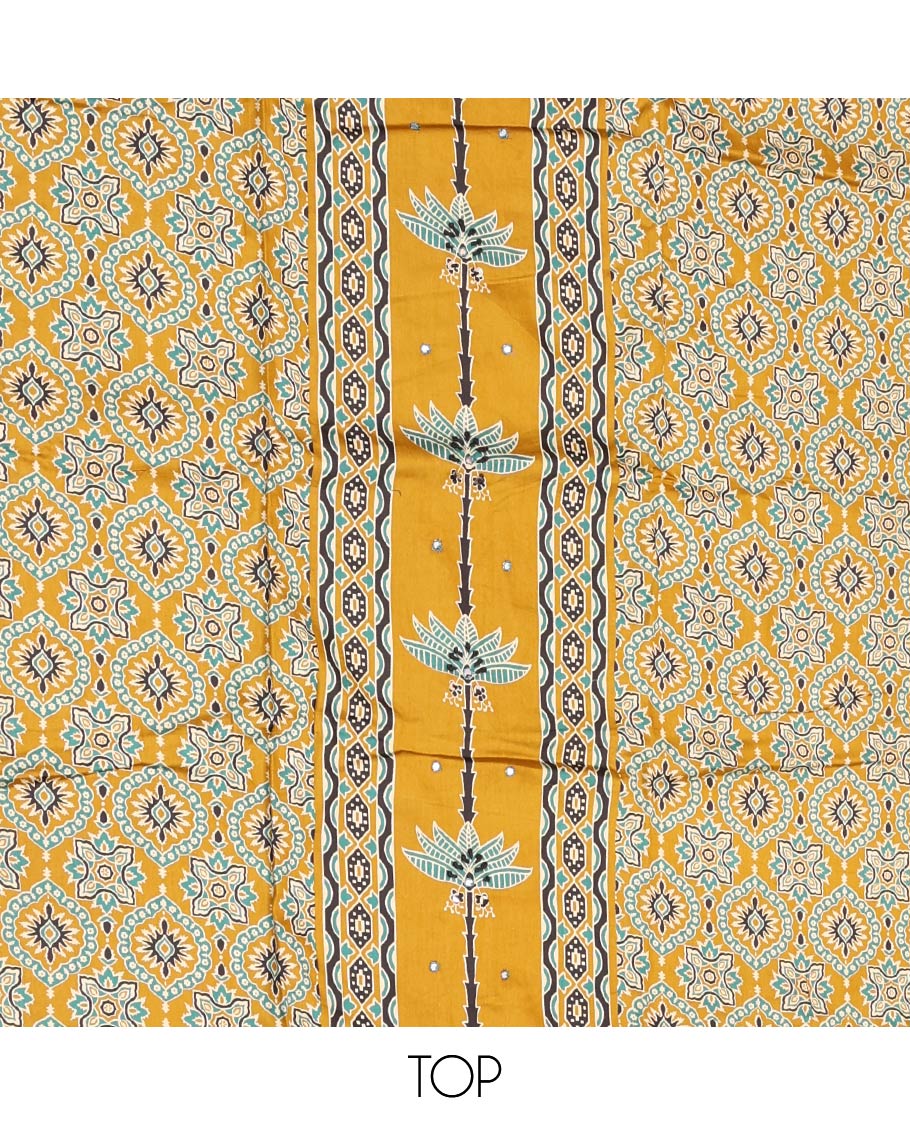 Yellow Material Chudidar Set, Artfully Detailed with Ajrakh Printed Cotton Top, Complemented by Printed Cotton Bottom, and Paired with Floral Printed Cotton Dupatta