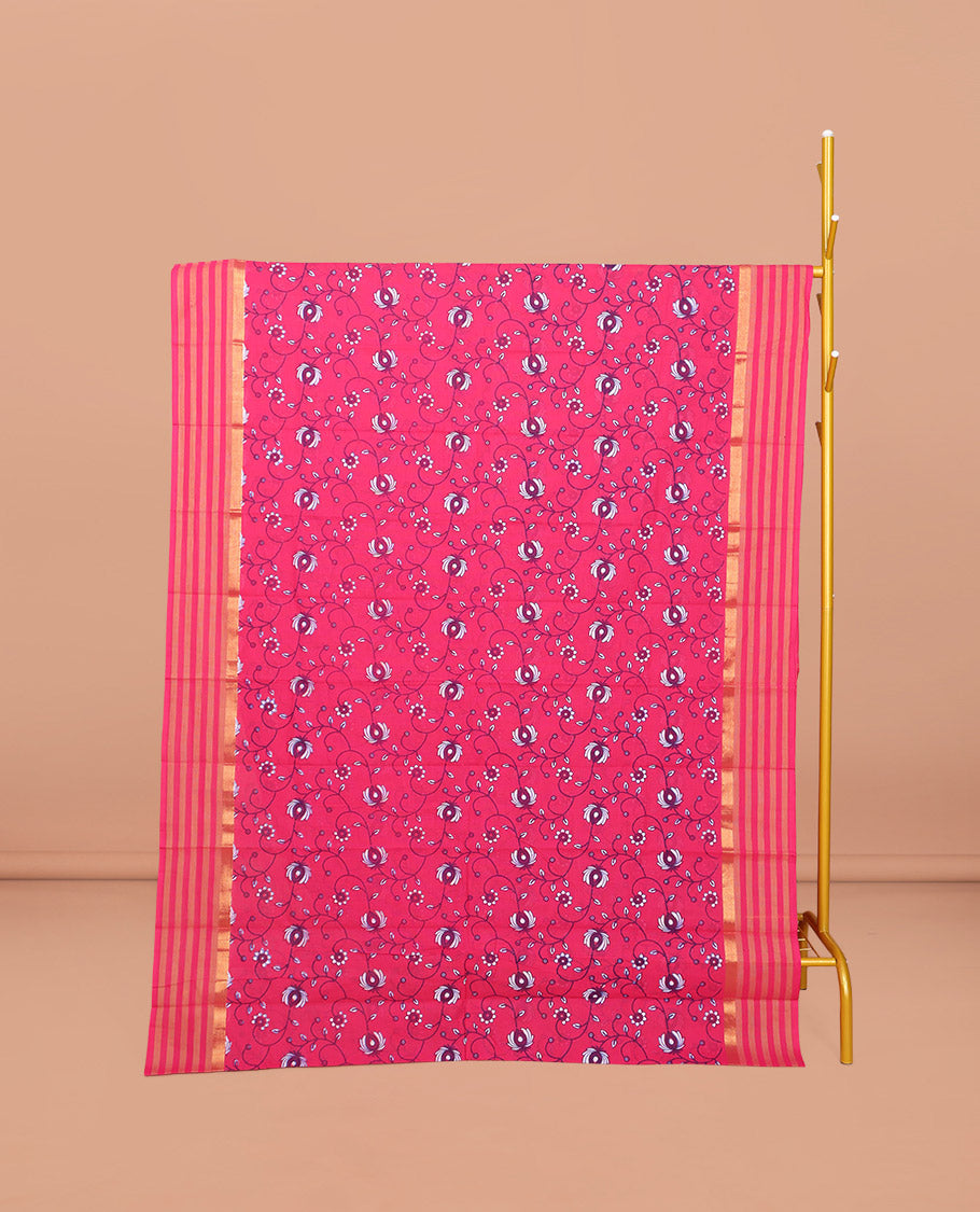 Rani Pink Chirala Cotton Saree, Embellished with Floral Vine Print, Striped Border, Printed Pallu, and a Matching Blouse