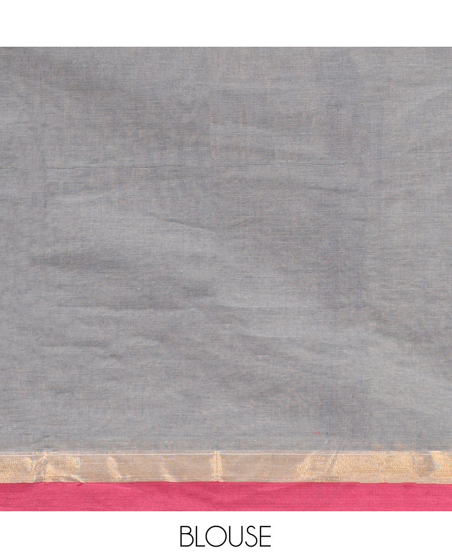 Grey Kanchi Cotton Saree, Adorned with Thread Buttas on Its Body, Complemented by a Contrast Border, Delicately Woven Pallu, and a Matching Blouse