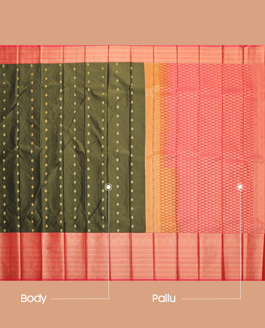 Green Budget Silk Saree, Meticulously Crafted with Zari Buttas, Complemented by a Contrast Traditional Zari Border, Grand Pallu, and a Contrast Blouse