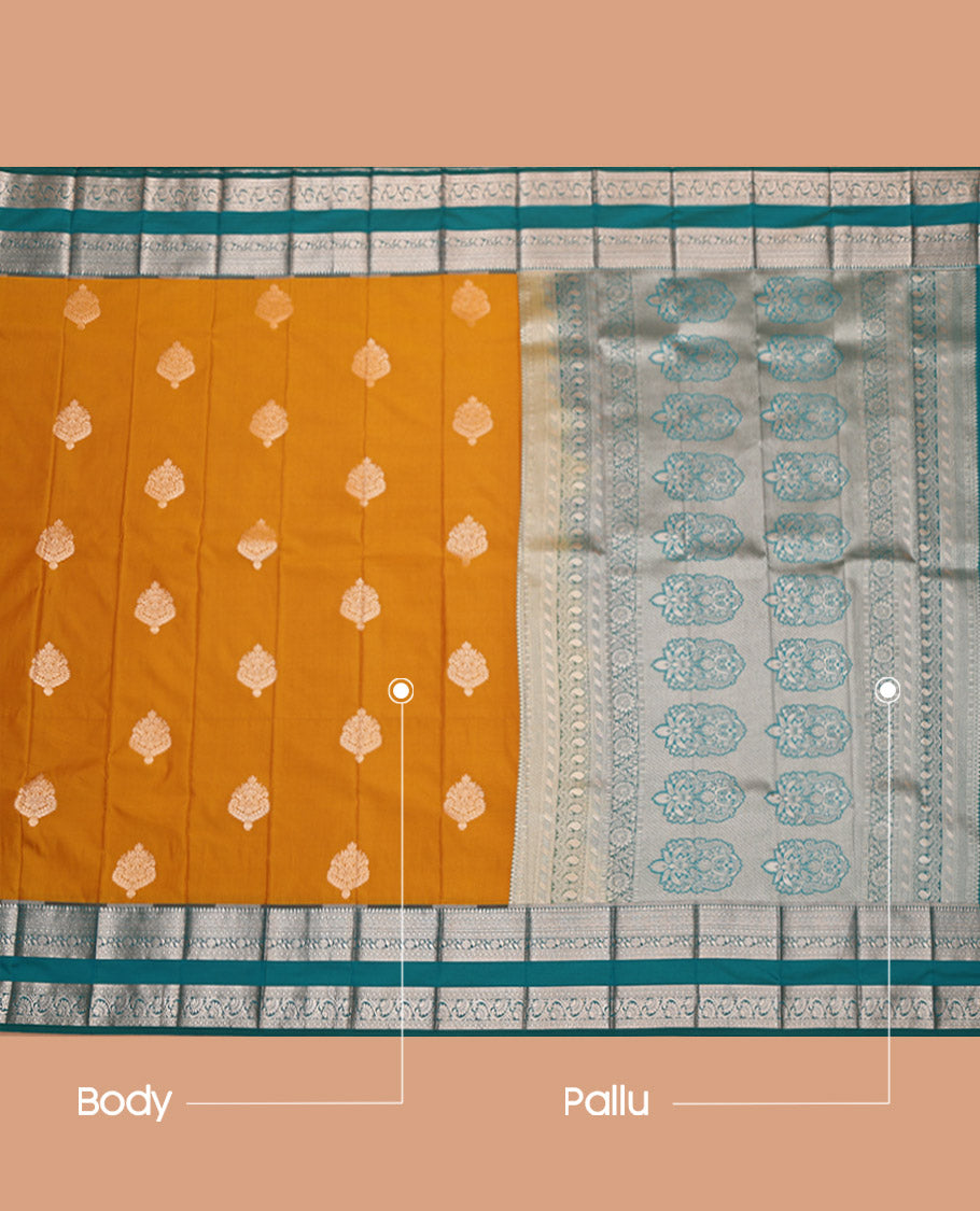 Mustard Budget Silk Saree, Bedecked with Zari Buttas, Complemented by a Contrast Traditional Zari Rettai Pettu Border, Grand Pallu, and a Contrast Blouse