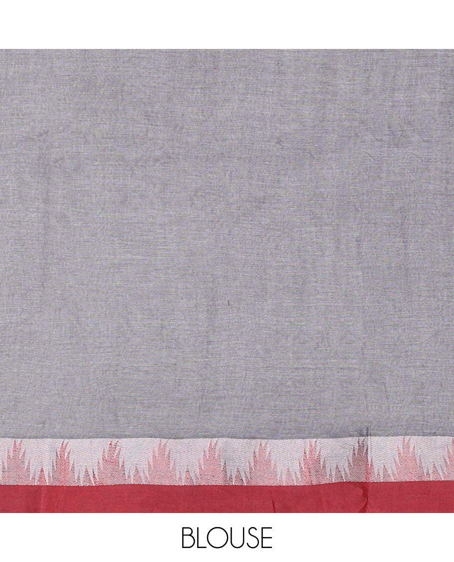 Grey Plain Bengal Cotton Saree, Contrast Temple Border, Pallu of Stripes, and Matching Blouse