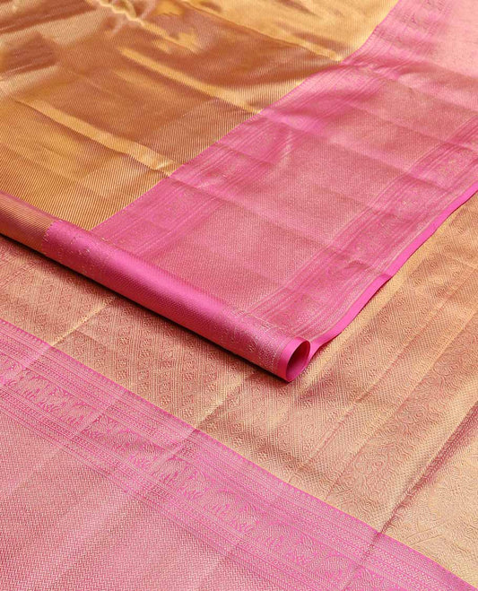 Brown striped kancheepuram tissue silk saree with contrast border of thilakam mokku, kathir, yanaai, vanki design & zari design pallu