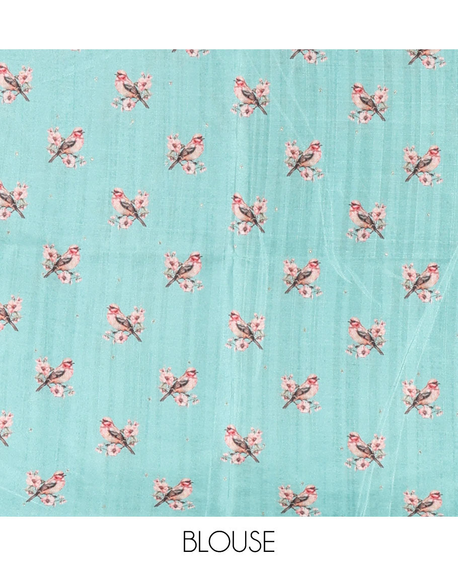 Sea green gold zari dotted buttas semi tussar saree, contrast temple border of floral vine, and sparrow motifs digital print, striped pallu, and printed blouse