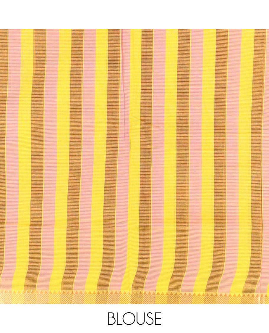 Yellow Plain Andhra Cotton Saree, Woven with Temple Zari Border, Contrast Striped Pallu, and a Contrast Blouse