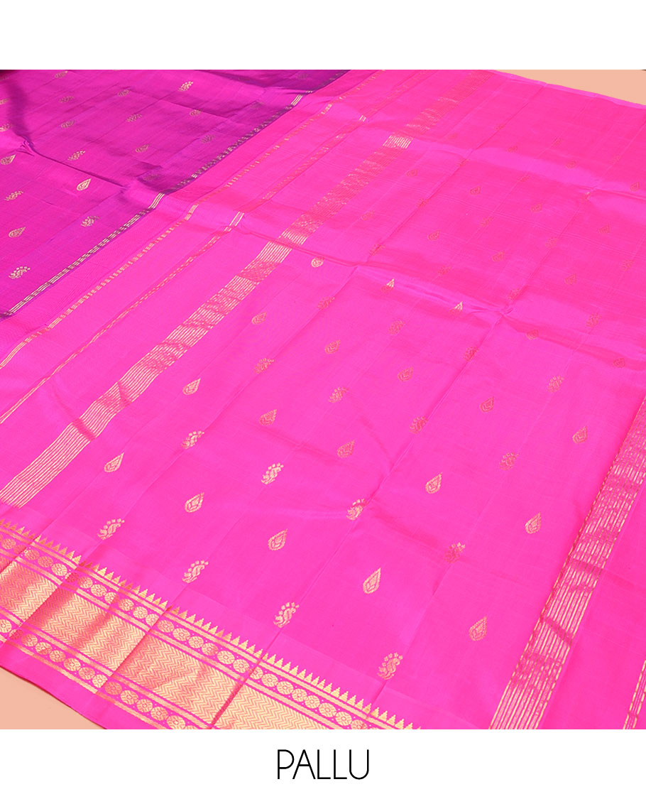 Pink Kanchipuram Silk Saree, Accentuated with Zari Buttas, a Semi-Contrast One-Sided Border of Rekku, Banaras, and Mayil Kan, Zari Design Pallu, and No Blouse
