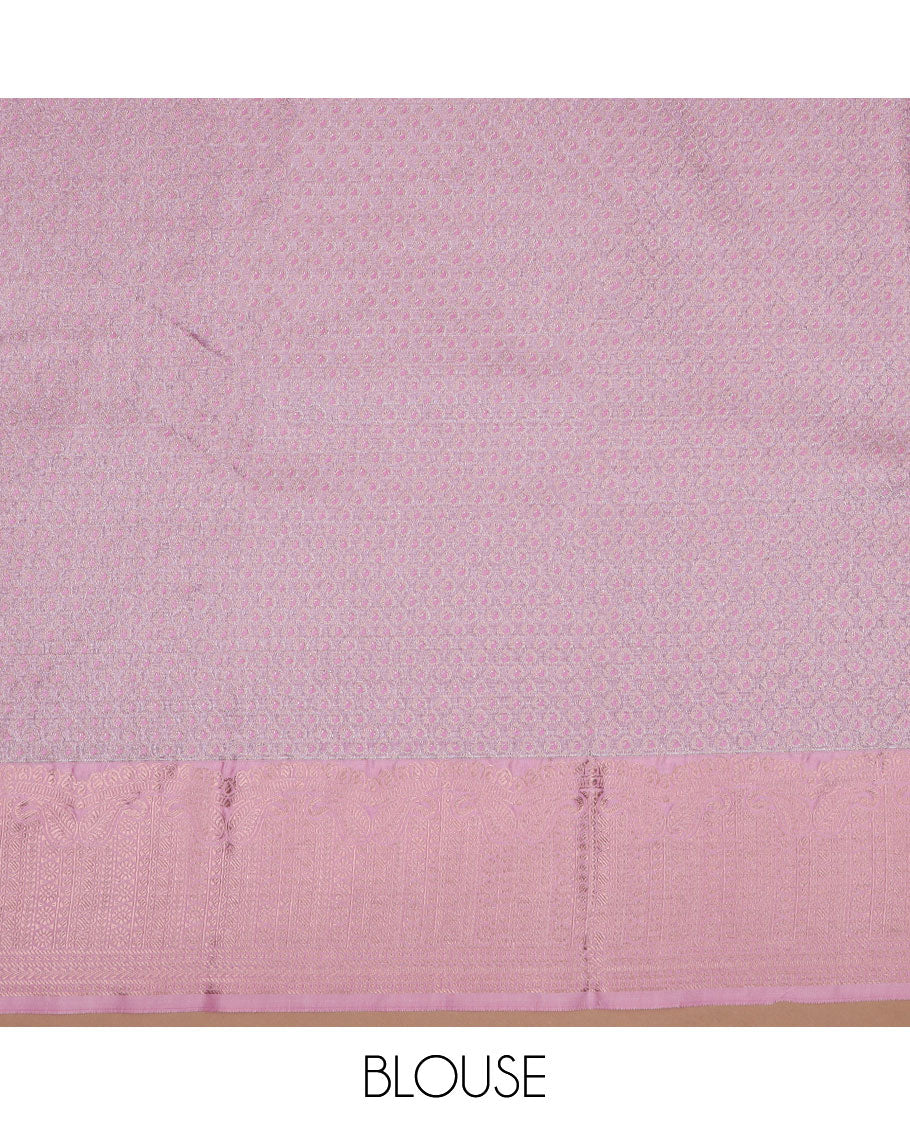 Pink art silk pavadai material set, floral jaal jacquard pavadai, jaal design blouse & traditional zari border