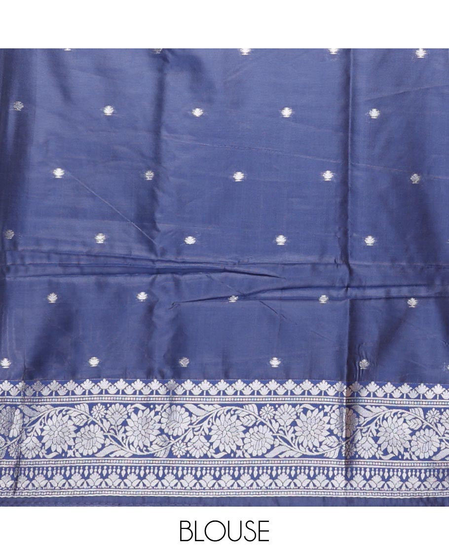 Blue silver zari tissue sailk saree with plain border & rich pallu along with butta design blouse