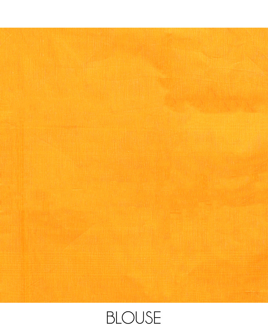 Yellow Chettinad Cotton Saree, Featuring Thread Buttas on Its Body, Complemented by a Contrast Traditional Zari Design Border, Pallu of Stripes and Buttas, and Paired with a Matching Blouse