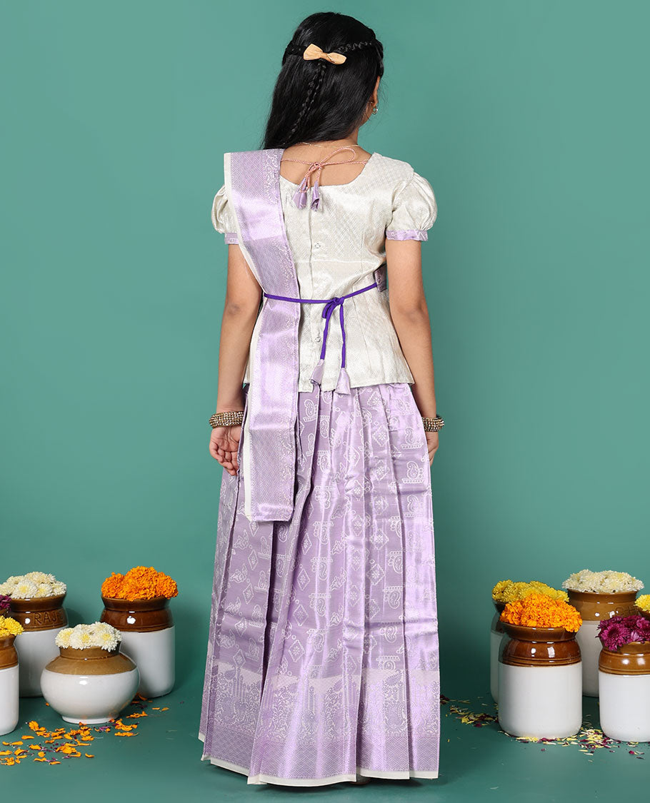 Lavender readymade art silk pavadai, zari design skirt, & jacquard embroidered round neck puff-sleeve blouse with detachable dupatta