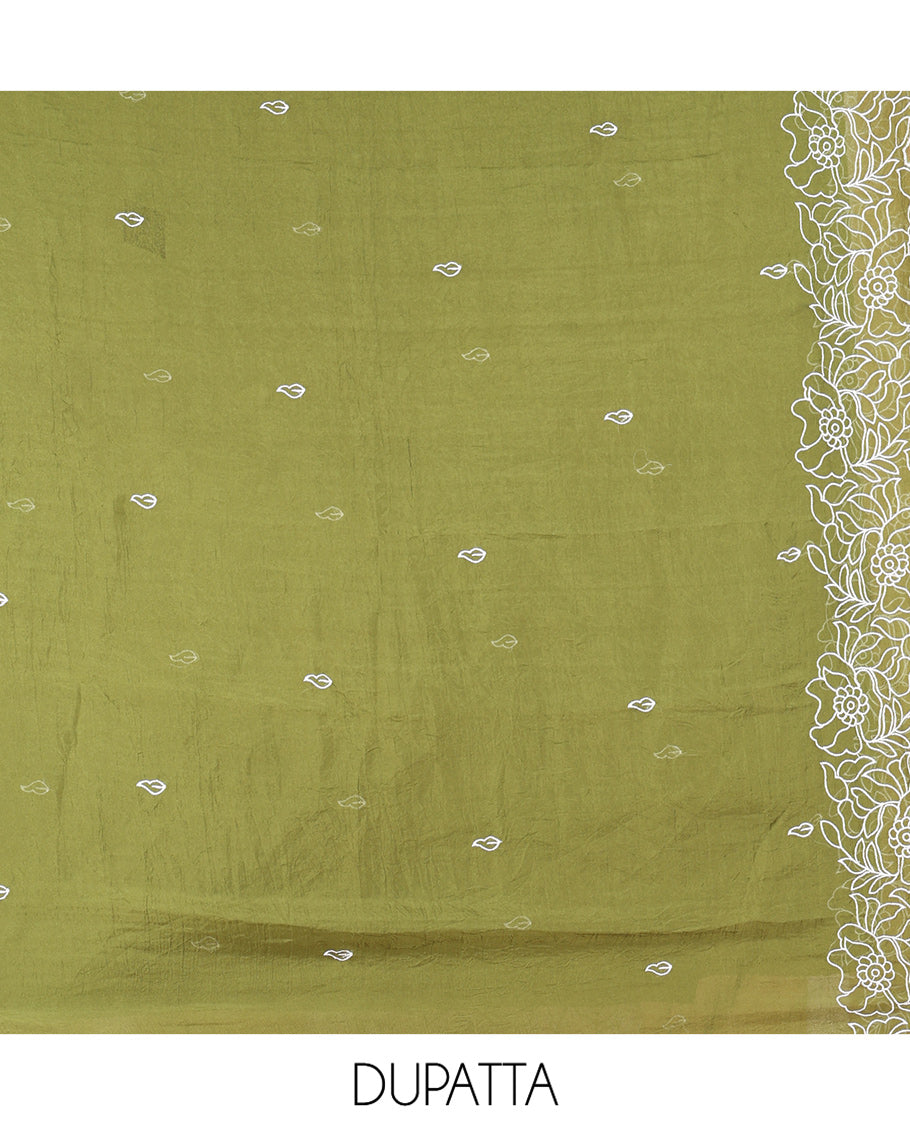 Cream-Green Organza Material Chudidar, Floral Thread Embroidery Top, Contrast Bottom, and Embroidered Scallop Dupatta