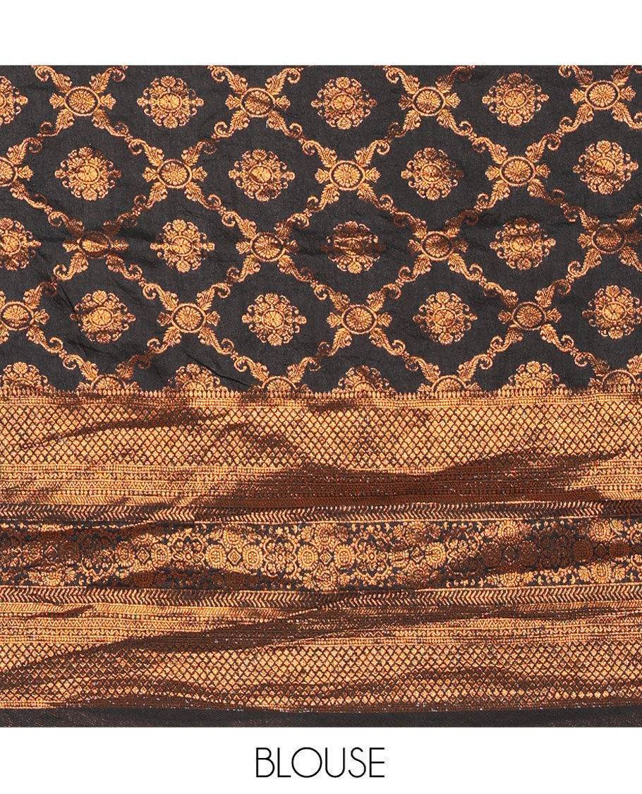 Cream and Black Half-Saree Featuring Gold Zari Buttas Steeped Nylon Viscose Skirt, Complemented by a Contrast Jacquard Zari Design Blouse, and Comes with a Syska Georgette Embroidered Scallop-Bordered Dhavani