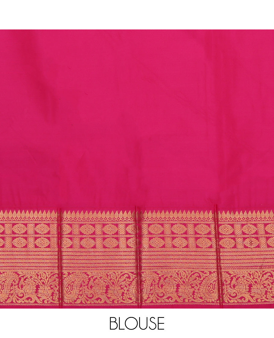 Parrot Green Budget Silk Saree, Gleamed Up with Zari Buttas, a Contrast Traditional Zari Border, Jaal Pallu, and a Contrast Blouse