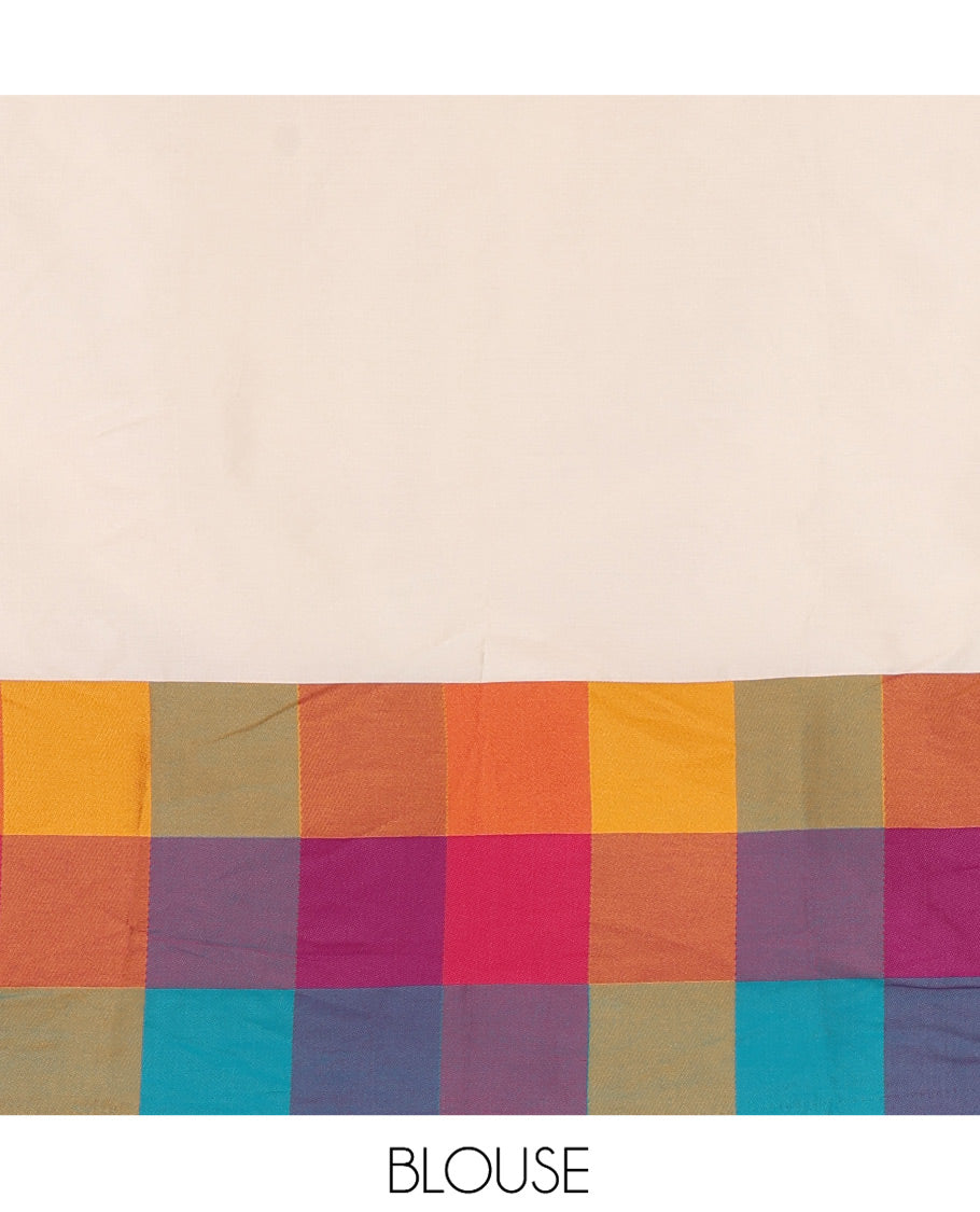 Cream-Wine Semi- Silk Plain Half-Saree, Contrast Madras Checked Border, Matching Blouse and a Contrast Syska Georgette Dhavani