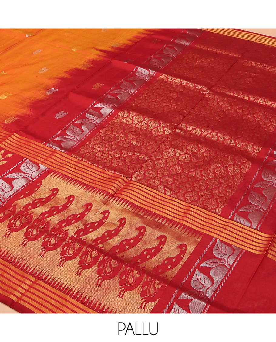 Orange Uppada Silk Saree, Decked Up with Zari Buttas on Its Body, Complemented by a Contrast Border Featuring Floral and Meenakari Bird Designs, Pallu Steeped with Flower Designs, and Paired with a Contrast Blouse