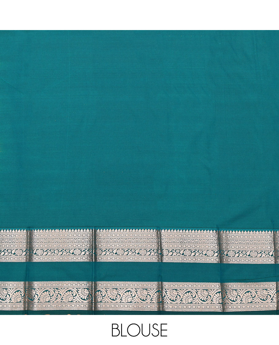 Mustard Budget Silk Saree, Bedecked with Zari Buttas, Complemented by a Contrast Traditional Zari Rettai Pettu Border, Grand Pallu, and a Contrast Blouse