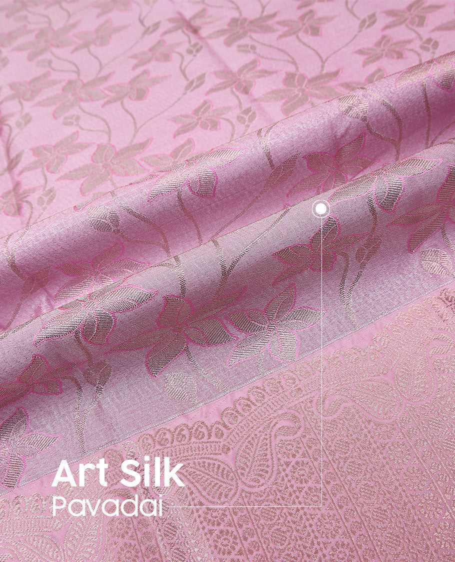 Pink art silk pavadai material set, floral jaal jacquard pavadai, jaal design blouse & traditional zari border