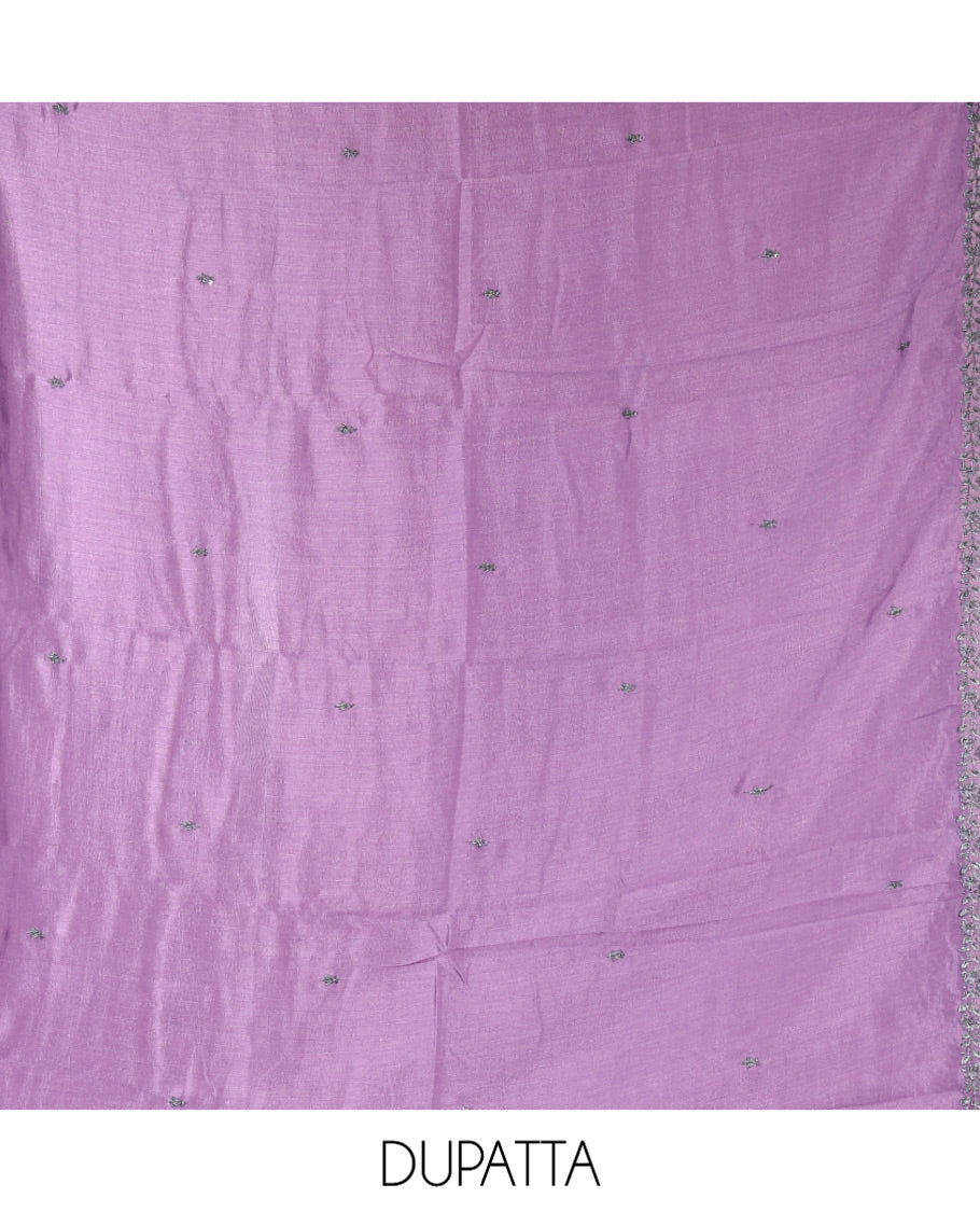 Lavender Vichitra Silk Material Chudidar Set, Sparsely Woven with Embroidered Top, a Plain Santoon Bottom, and Paired with a Matching Vichitra Silk Embroidered Scallop Dupatta