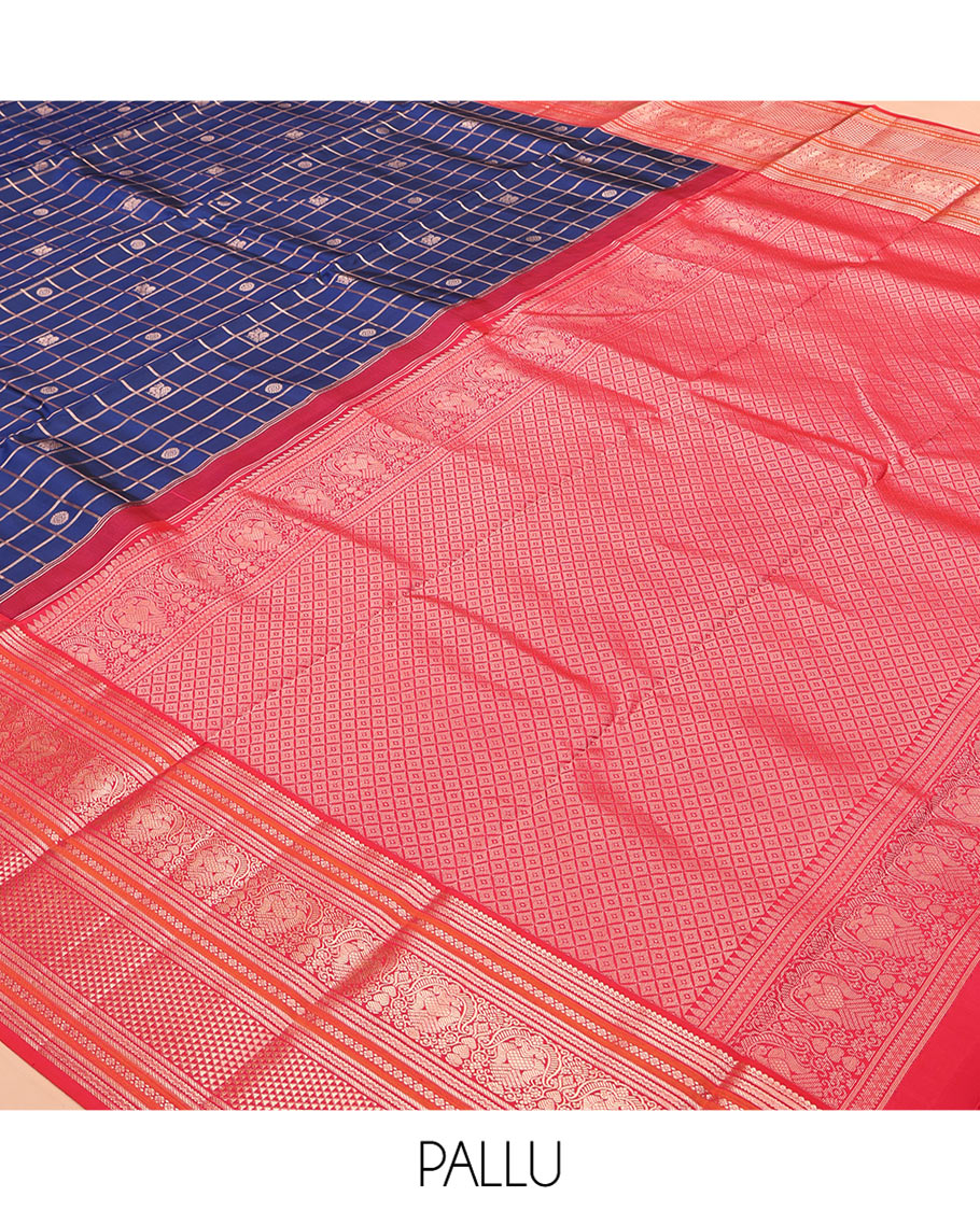 Blue zari checked with annam chakram buttas silk saree, contrast border of thilakam mokku, iruthalai pakshi, and ara maadam designs, and jaal pallu
