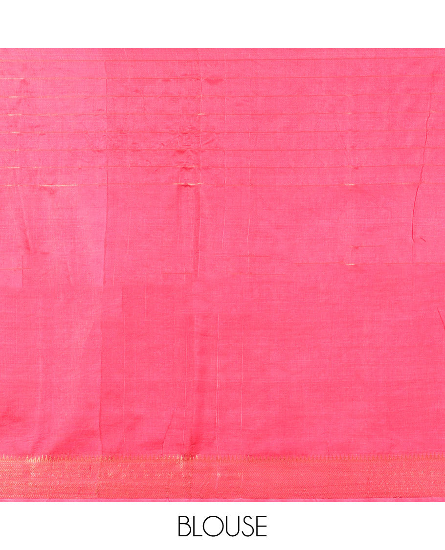 Pink Banana Pith Saree, Gleamed Up with Checks and Buttas, a Zari Temple Border, Striped Pallu, and Matching Blouse