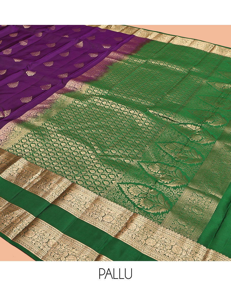 Violet Vasundhara Lite Silk Mix Saree, Woven with Zari Buttas, Complemented by a Contrast Rettai Pettu Kodi Visiry Border, Grand Jaal Pallu, and a Contrast Blouse