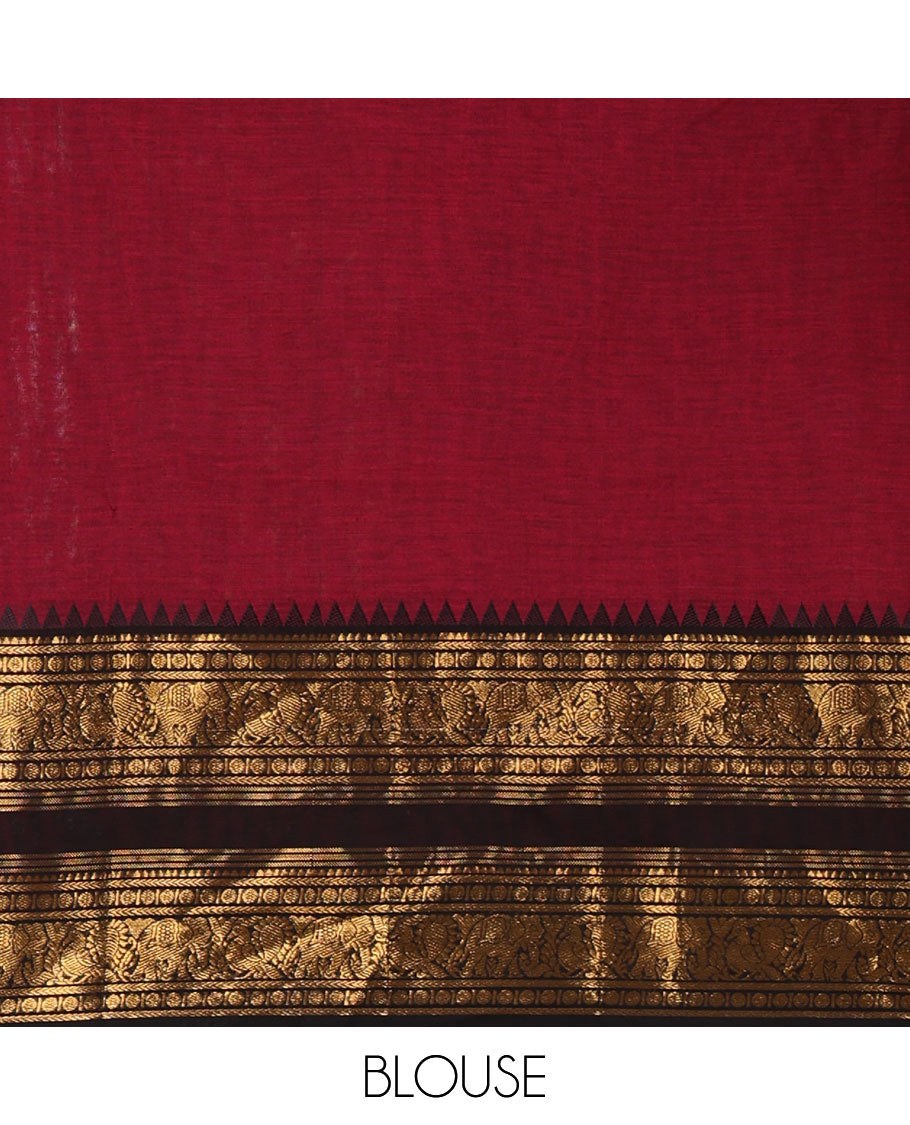 Magenta-black sungudi cotton half-saree, plain with contrast traditional zari varisai pettu bordered skirt, a matching blouse, and a zari bordered dhavani