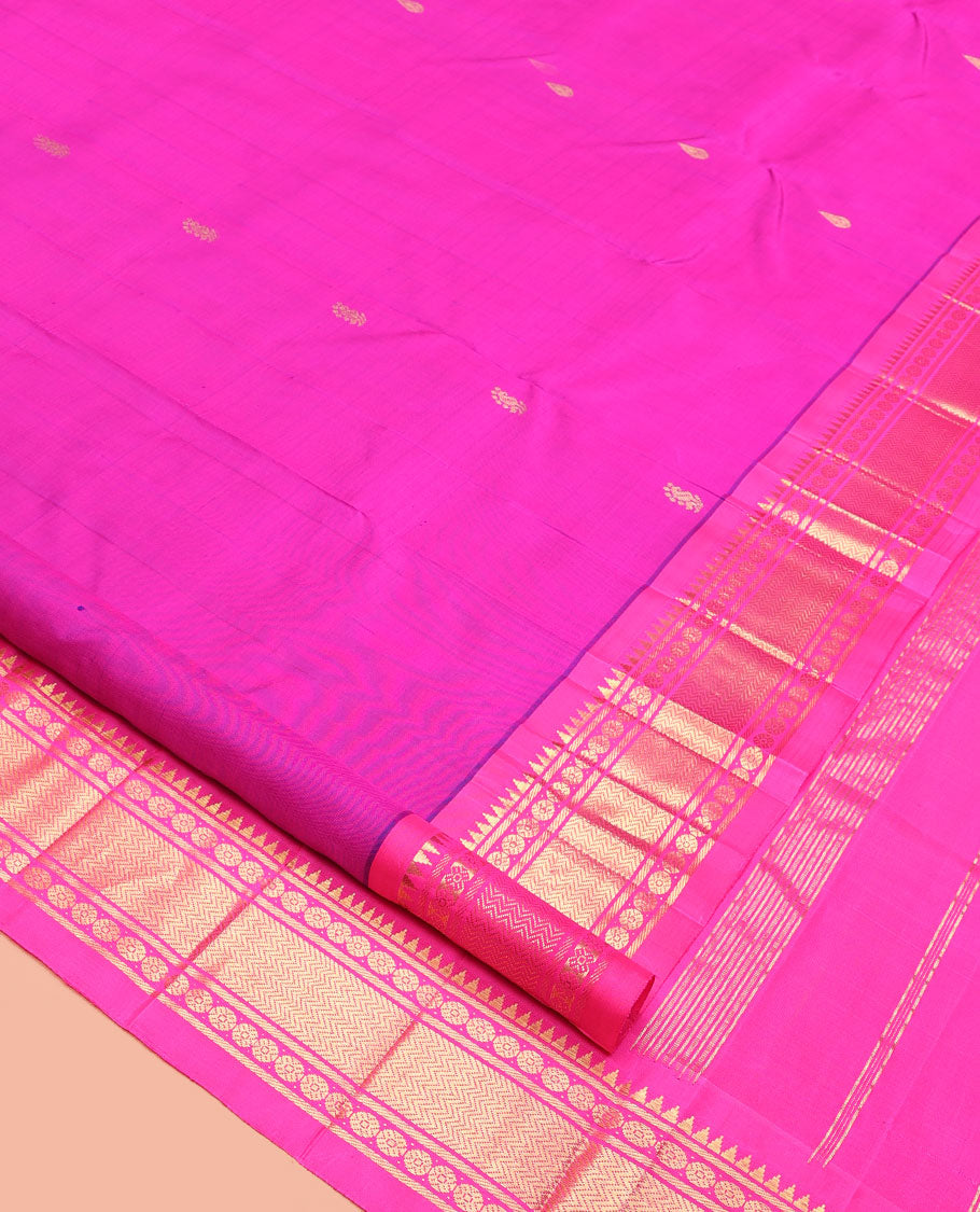 Pink Kanchipuram Silk Saree, Accentuated with Zari Buttas, a Semi-Contrast One-Sided Border of Rekku, Banaras, and Mayil Kan, Zari Design Pallu, and No Blouse