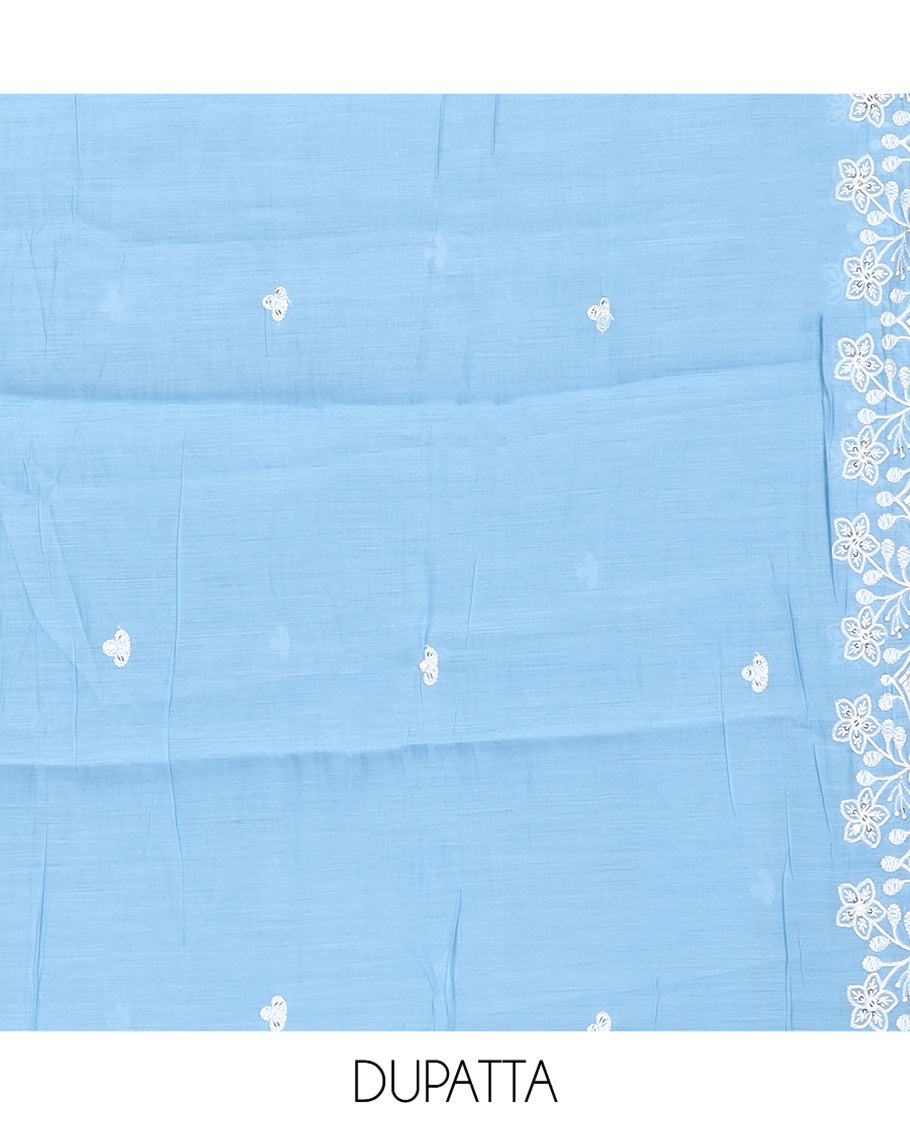 Ice Blue Mul Chanderi Material Churidar, Floral Embroidered Top, a Plain Bottom, a Floral Embroidered Scallop Dupatta
