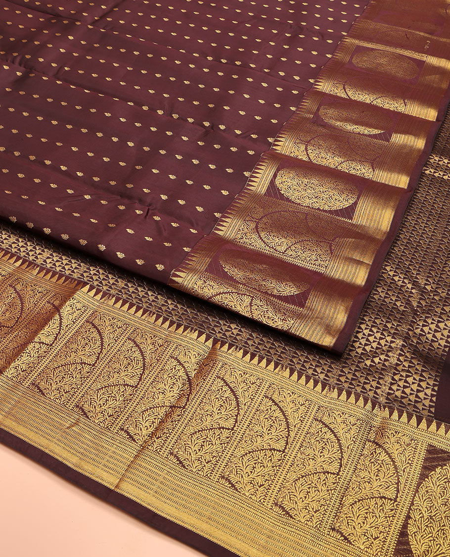 Brown Vasundhara Lite Silk Mix Saree, Adorned with Zari Buttas on Its Body, Highlighted by a Zari Border of Temple Traditional Zari Designs, Pallu Steeped with Arrow Motifs, and Paired with a Matching Blouse