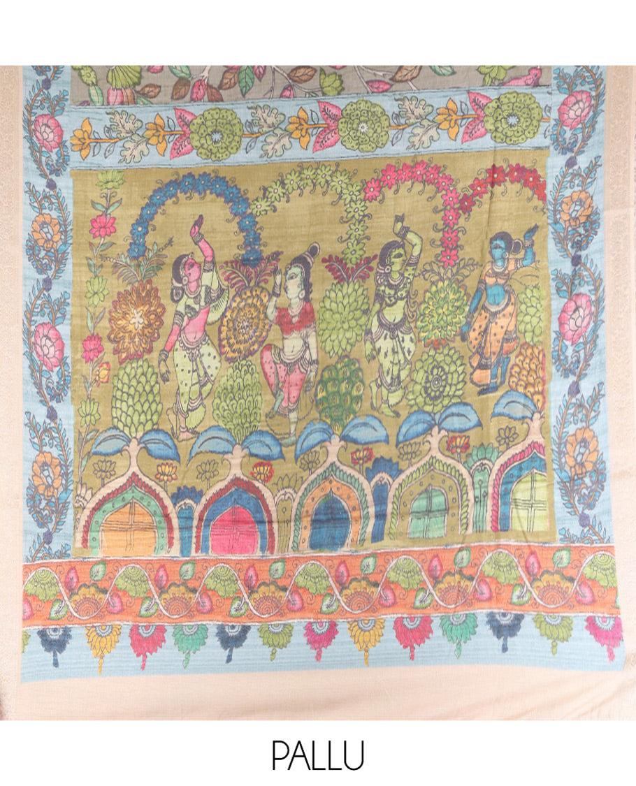 Grey Kalamkari Printed Fancy Tussar Saree