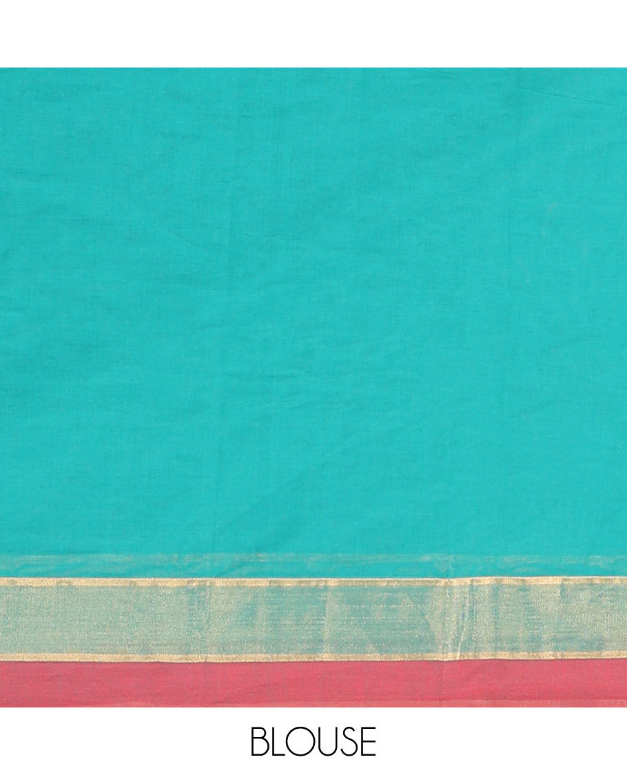Blue Kanchi Cotton Saree, Decorated with Buttas All Over Its Body, Complemented by a Contrast Border, Pallu Features Floral Designs, and Paired with a Matching Blouse