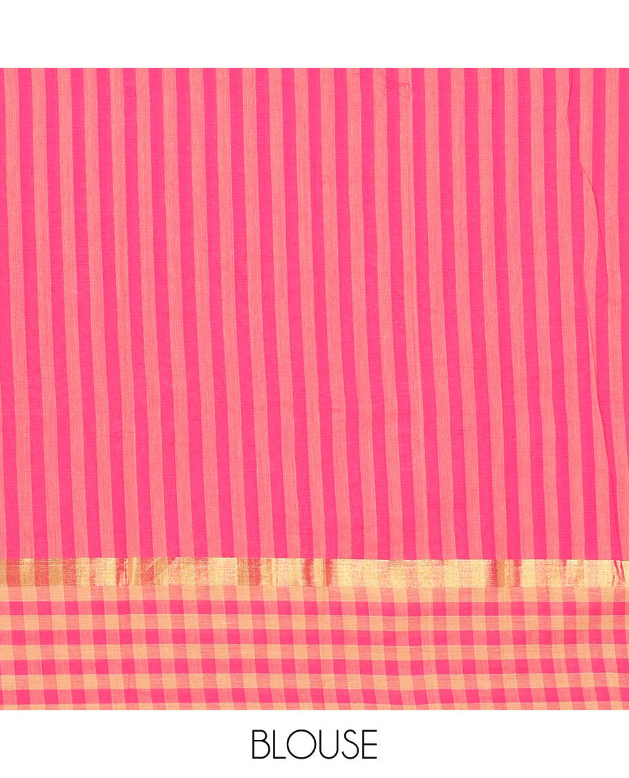 Rani Pink Chirala Cotton Saree, Embellished with Floral Vine Print, Striped Border, Printed Pallu, and a Matching Blouse