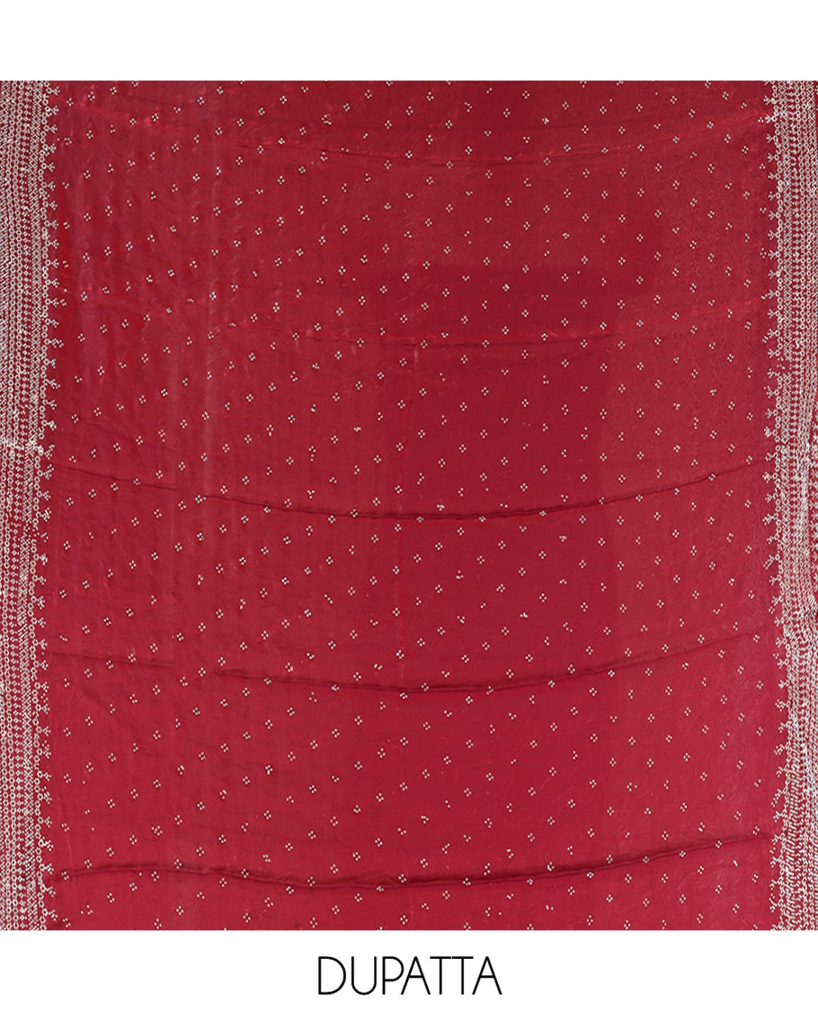 Wine Fendi Organza Material Chudidar Fetaures Pom-Pom-Neckline Top, Plain Bottom, and Scallop Embroidered Dupatta