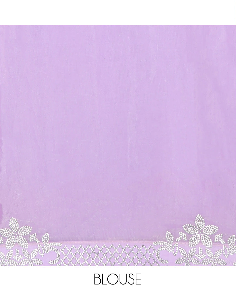 Lavender color designer saree, jaal and floral motifs crystal stone work border