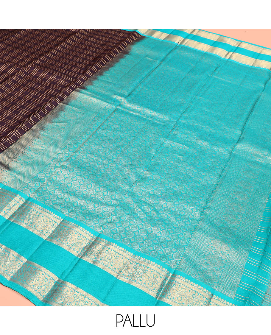 Brown Kanchipuram Silk Saree, Richly Detailed with Zari Checks, Contrast Rettai Pettu Traditional Border, Pallu of Chakram Butta Enclosed Checks, and Contrast Blouse